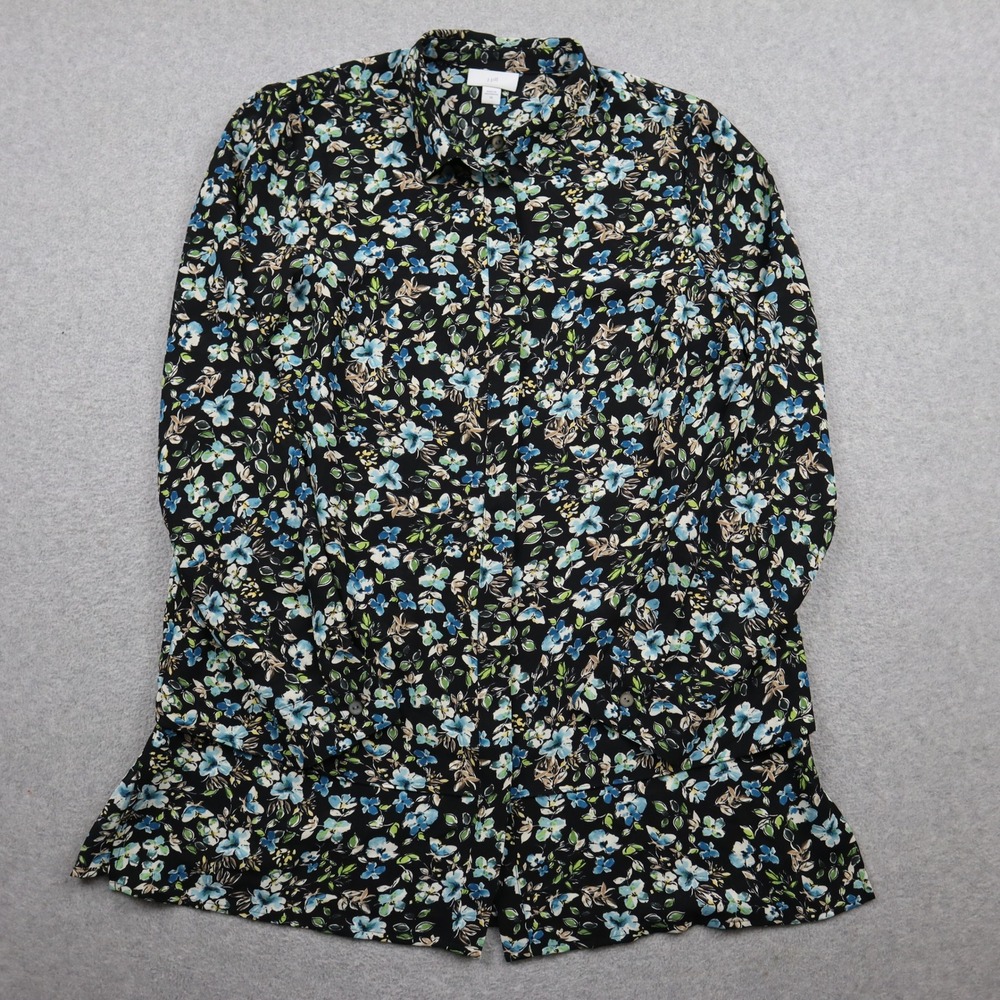 J. Jill Floral Blouse Womens XS Long Sleeve Button Down Shirt Black Blue Green